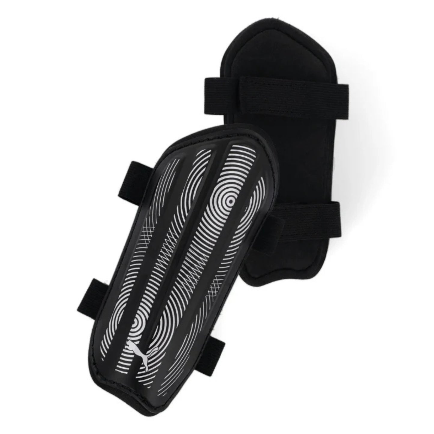 Black Puma shin guard with white patterns on a white background
