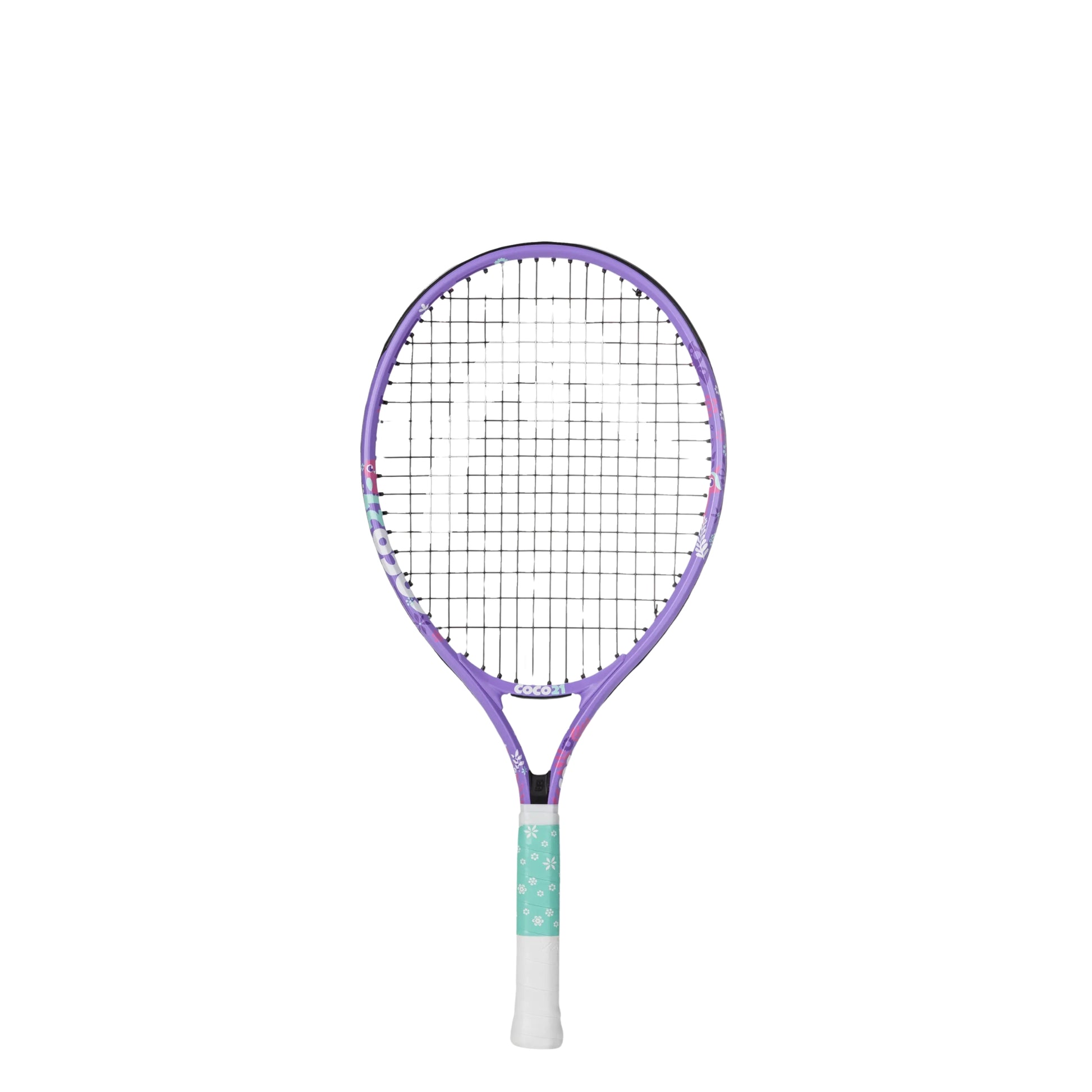 A kids Head tennis racket with a purple frame, black strings, and a white grip with a mint green patterned section, shown against a plain white background.