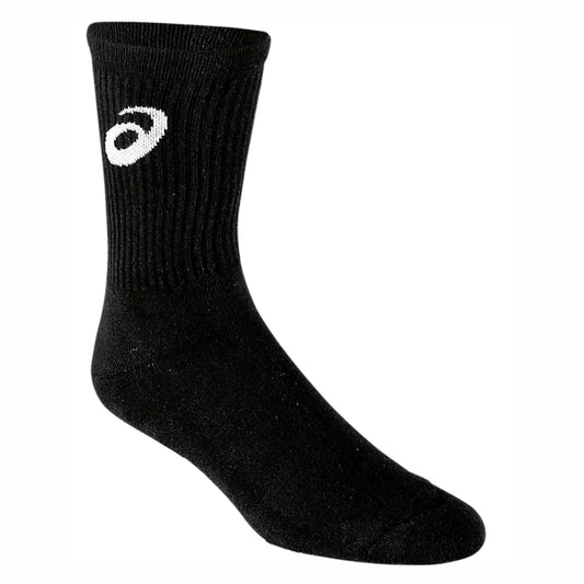 Black Asics sock with a white logo on a white background