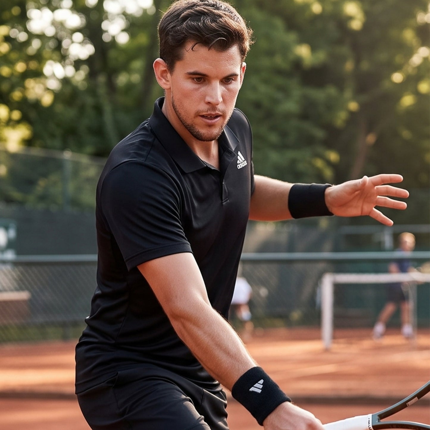 A male tennis player in a black Adidas polo shirt and black wristbands on a clay tennis court.
