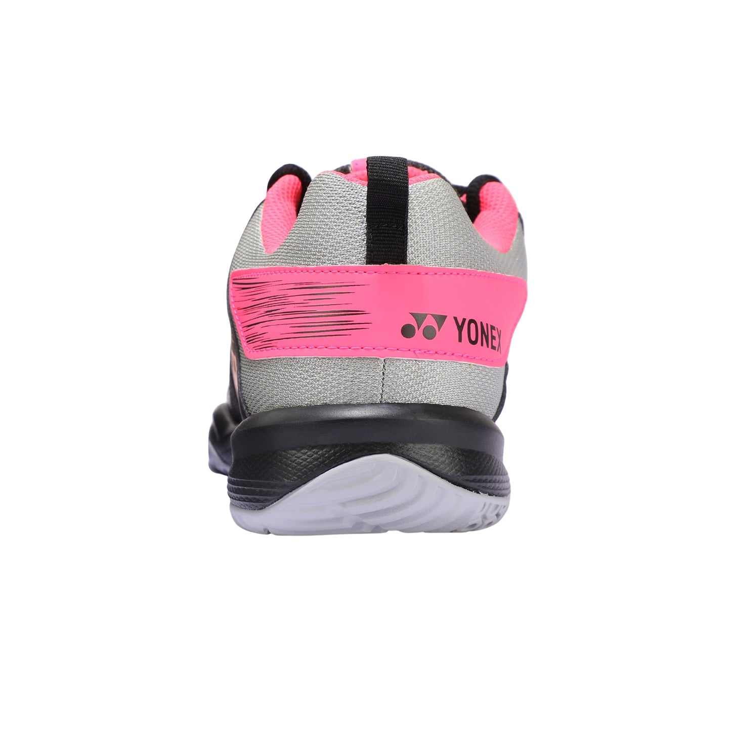 Back view of a Yonex athletic shoe with pink and gray design on a white background