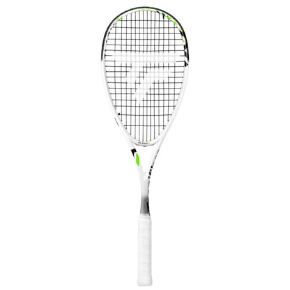 A Tecnifibre squash racket with a white frame, black and white stringing, and small green accents, shown vertically against a plain white background.