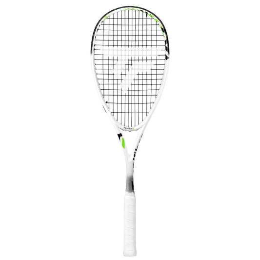A Tecnifibre squash racket with a white frame, black and white stringing, and small green accents, shown vertically against a plain white background.