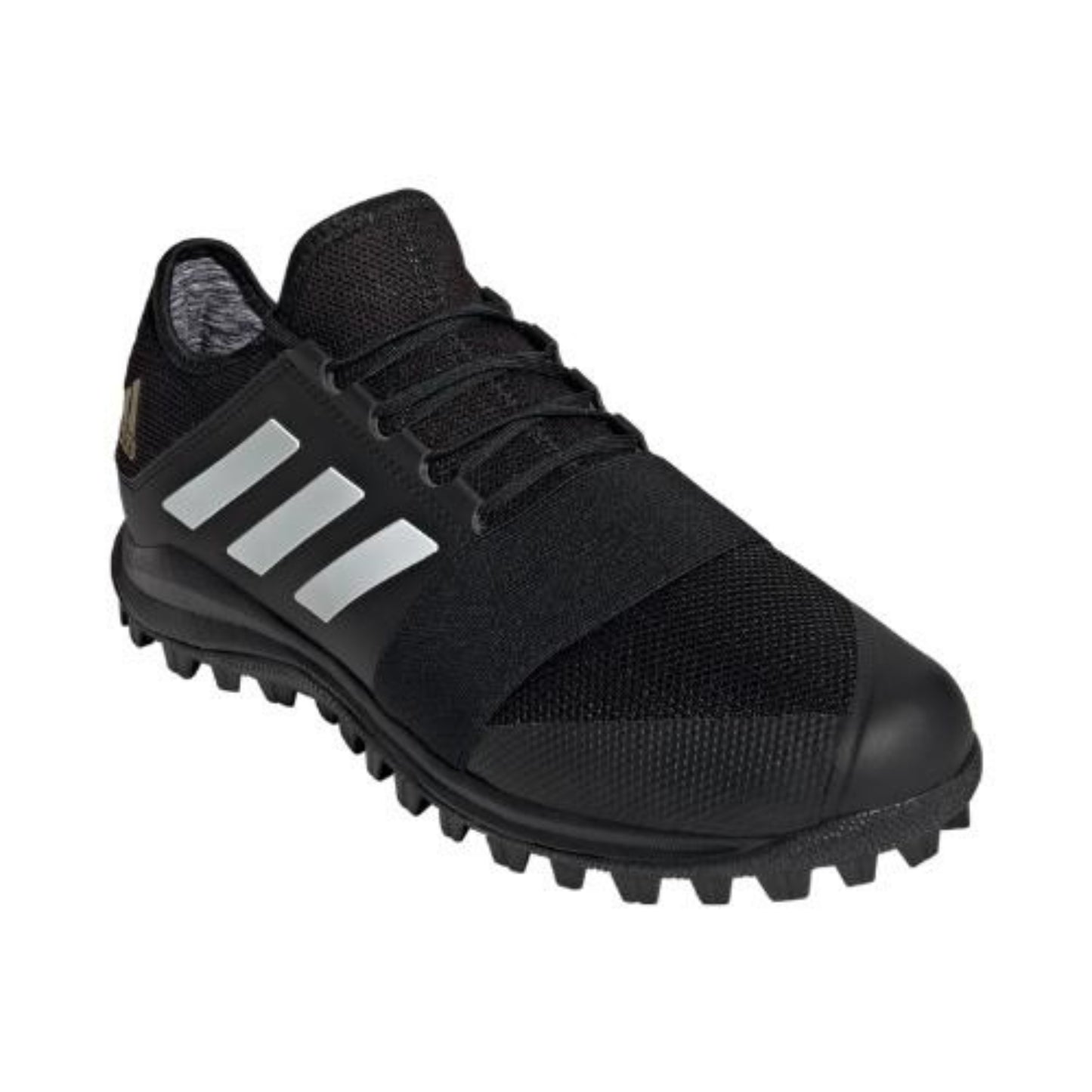 Black Adidas hockey shoe with cleats on a white background