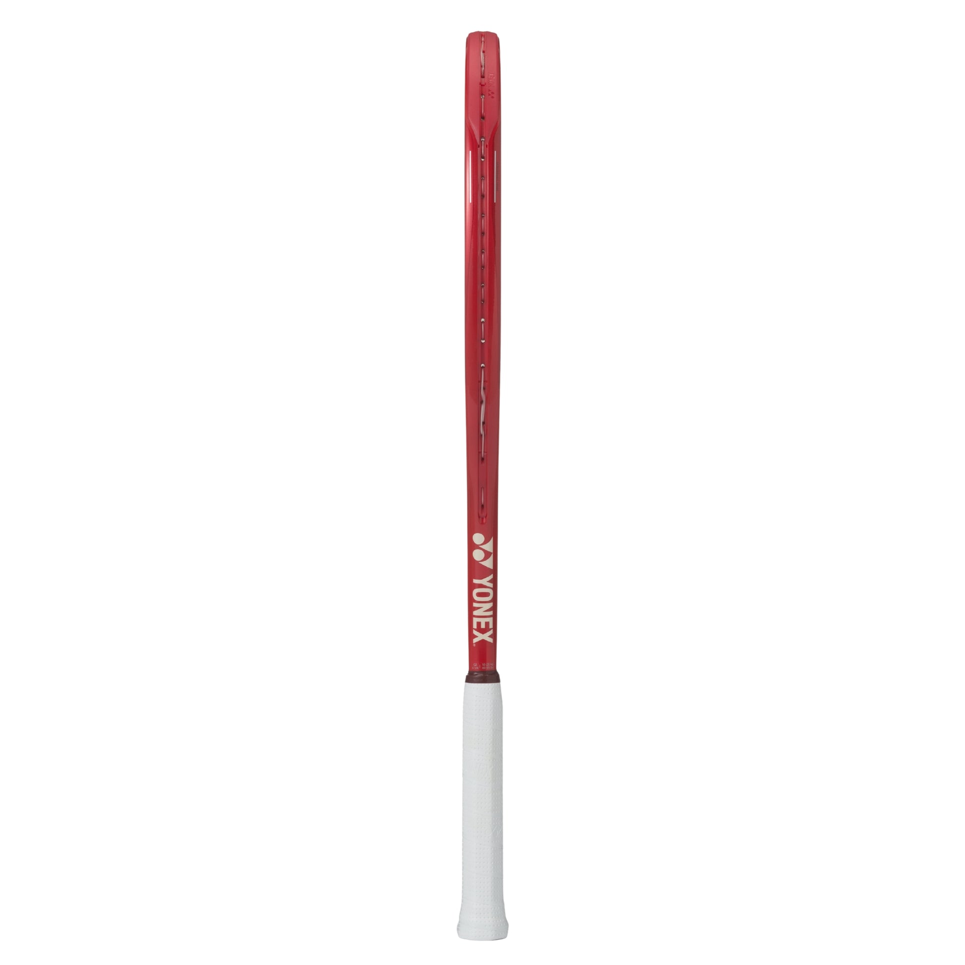 Red and white tennis racket with Yonex branding on a white background