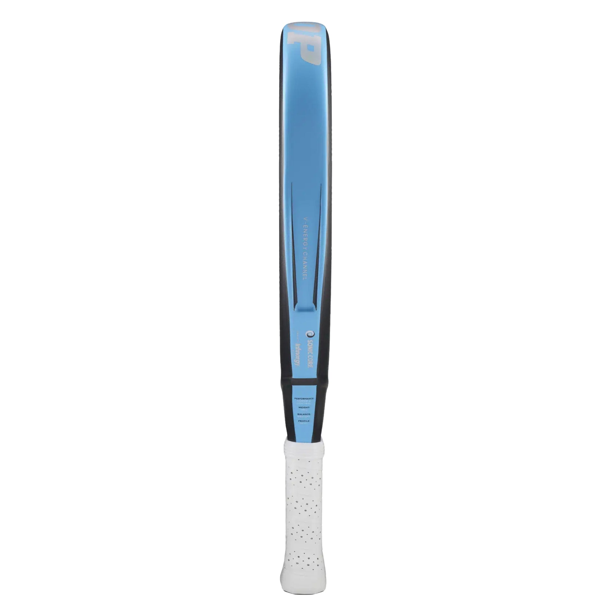 Dunlop padel racket with blue side and white handle on a white background