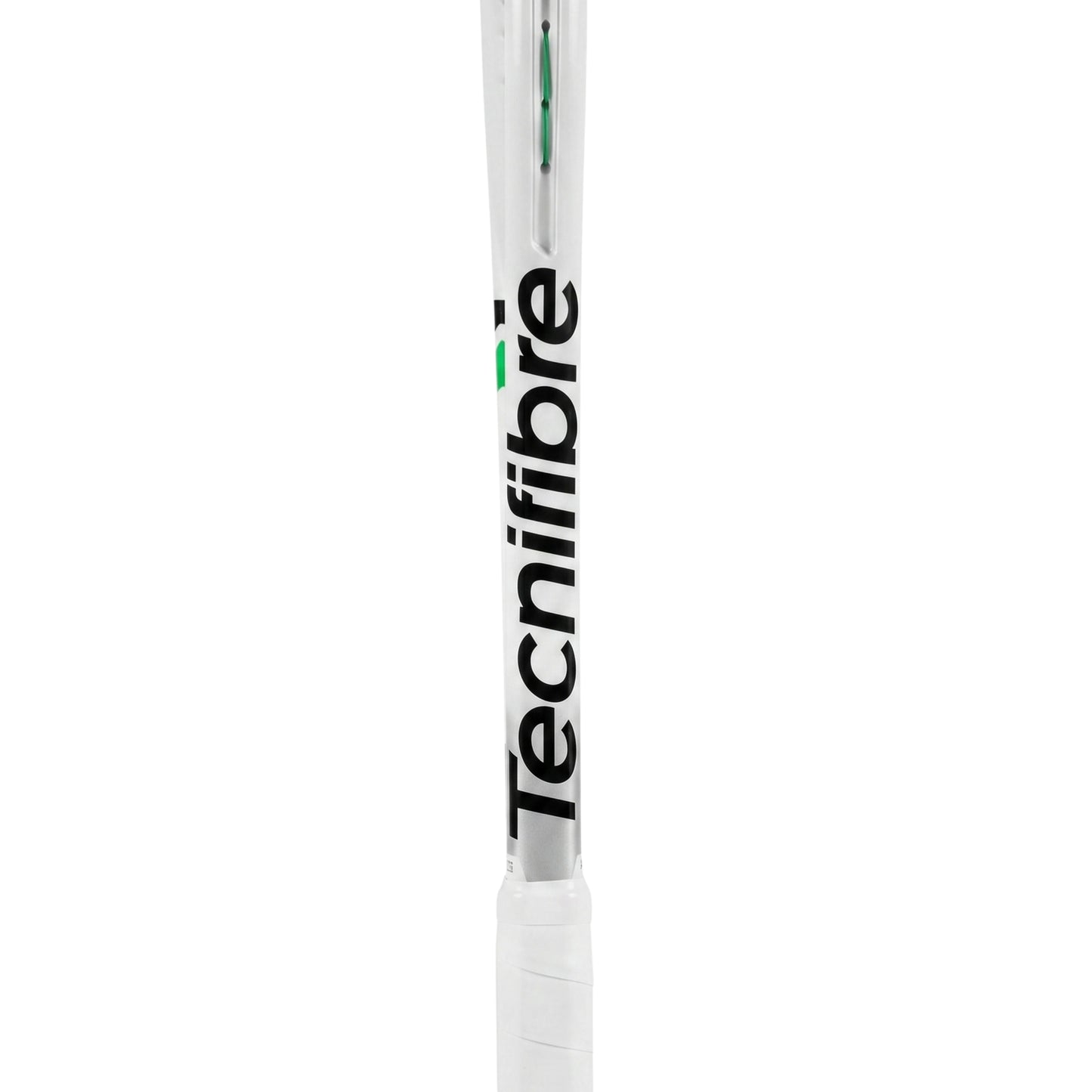 A close-up of a Tecnifibre squash racket shaft, featuring a white frame with black branding text and a small green accent, set against a plain white background.