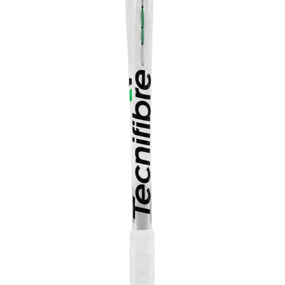 A close-up of a Tecnifibre squash racket shaft, featuring a white frame with black branding text and a small green accent, set against a plain white background.