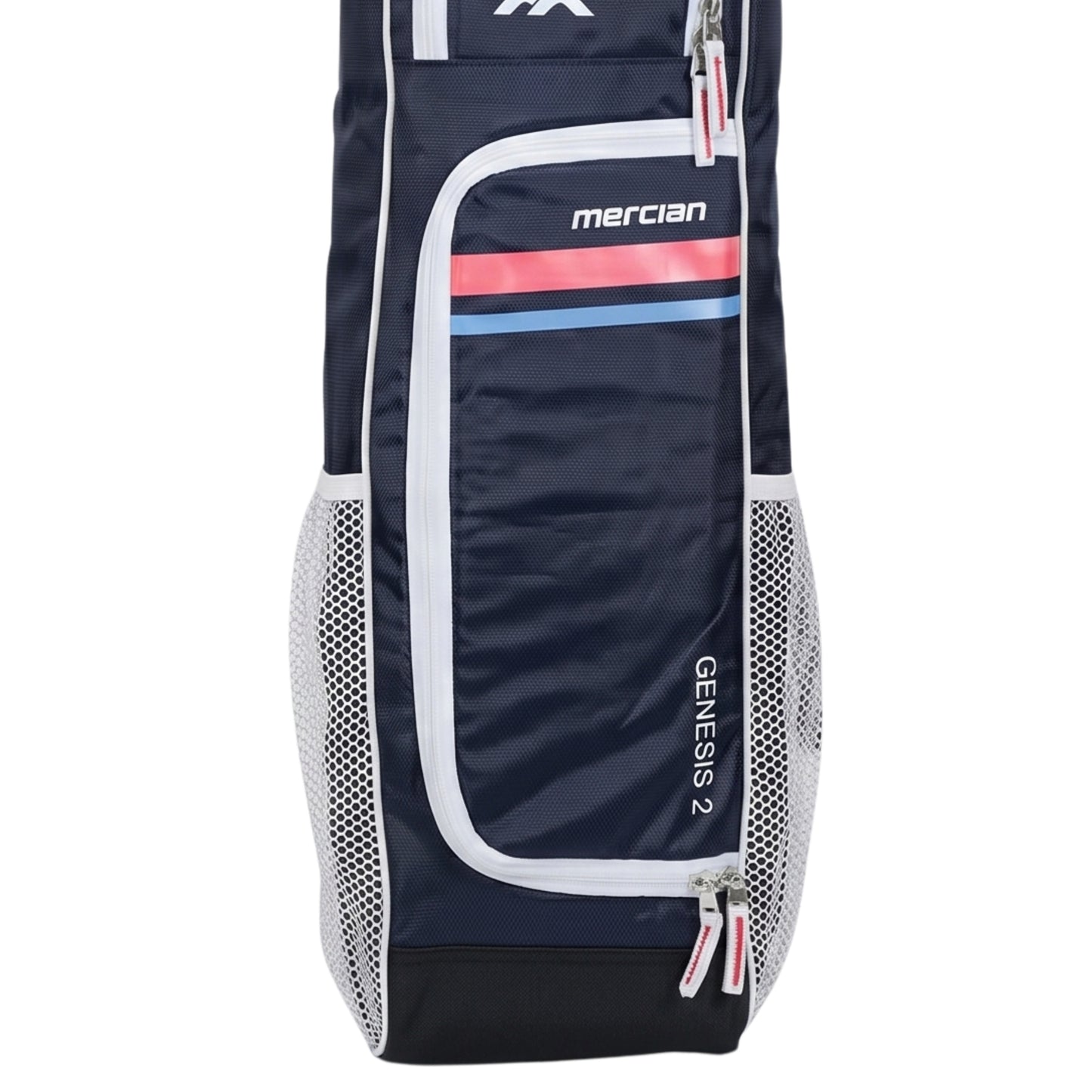 Navy stick bag with white accents and 'mercian' branding on a white background