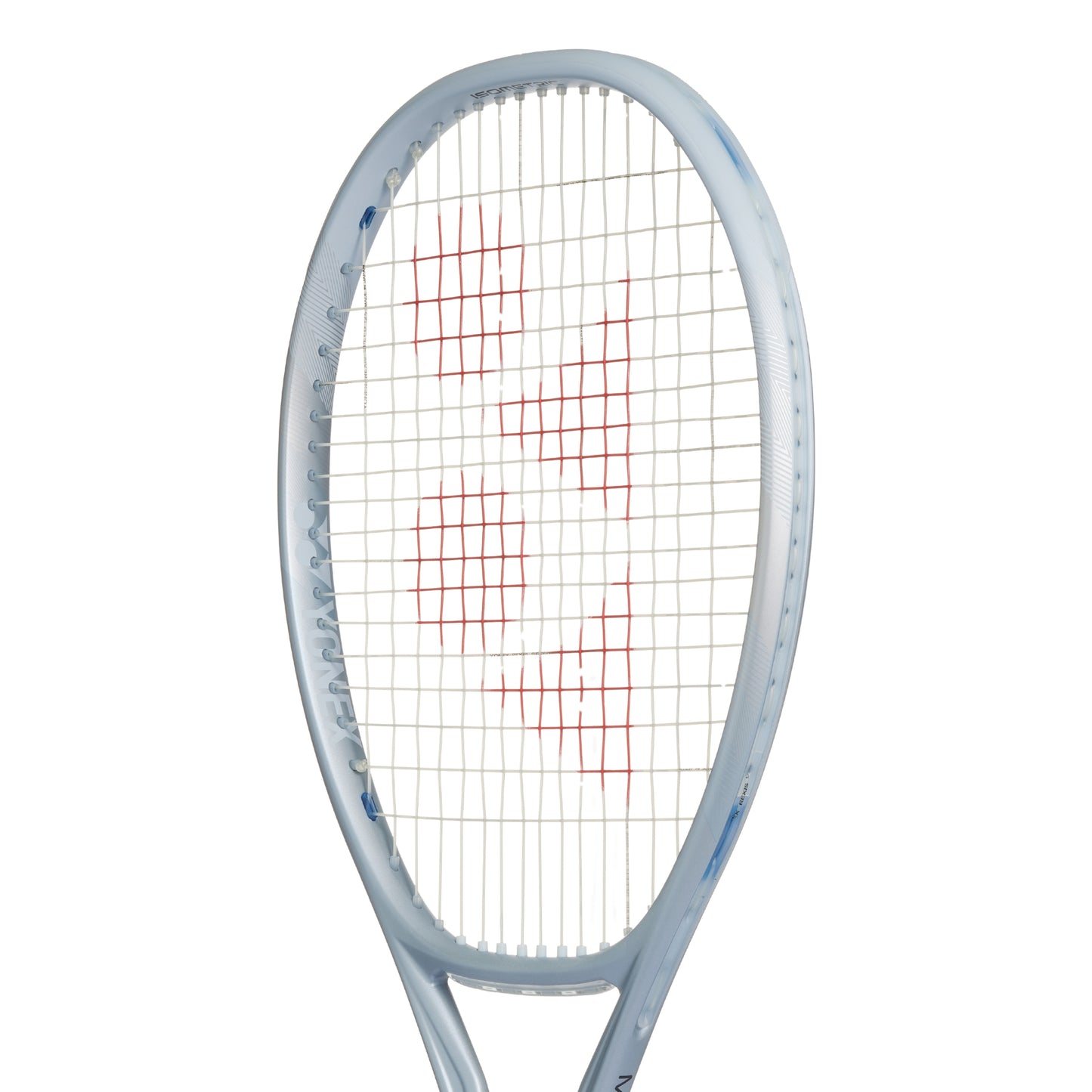 Yonex gray tennis racket with a white and blue frame on a white background