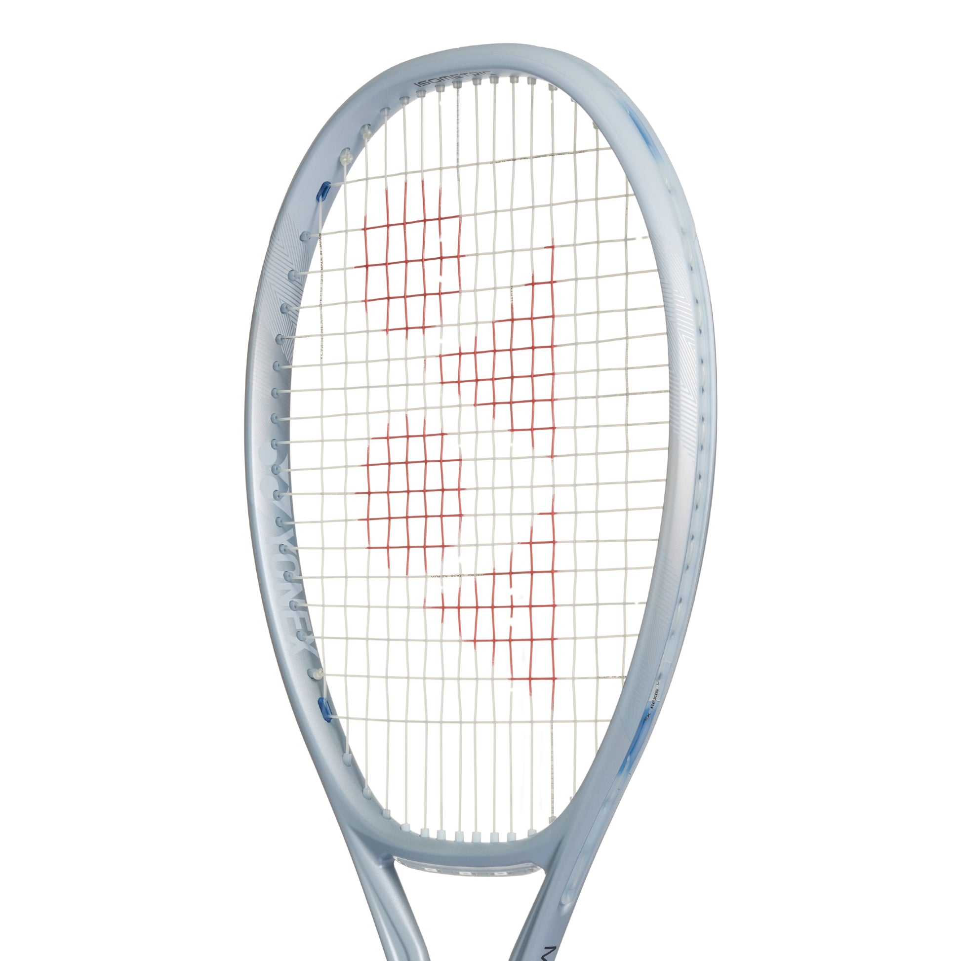 Yonex gray tennis racket with a white and blue frame on a white background
