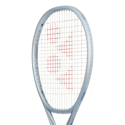 Yonex gray tennis racket with a white and blue frame on a white background