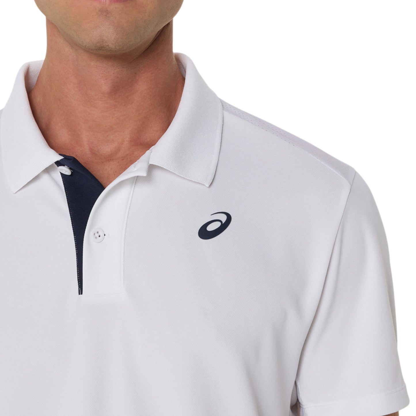 White polo shirt with a Asics logo on a white background