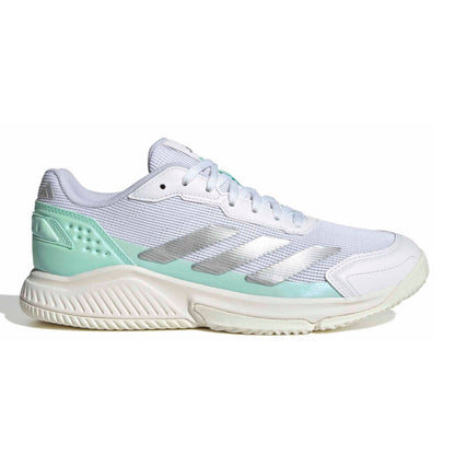 A white Adidas padel shoe with metallic silver stripes, a mint green heel accent, and a white midsole, shown from a side profile on a white background.