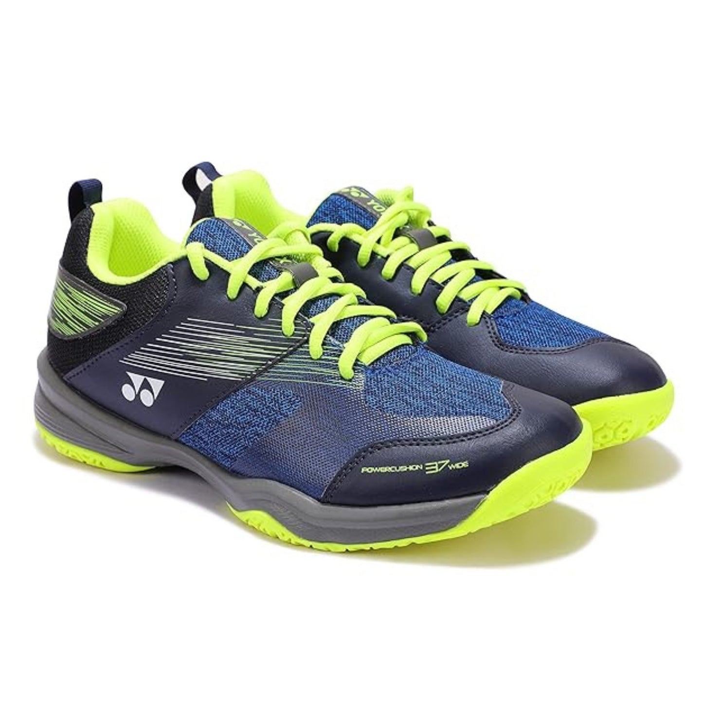 Blue and green athletic shoes on a white background