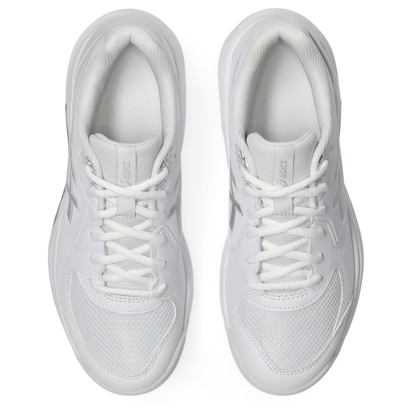 A pair of white tennis shoes shown from a top-down view on a clean white background.