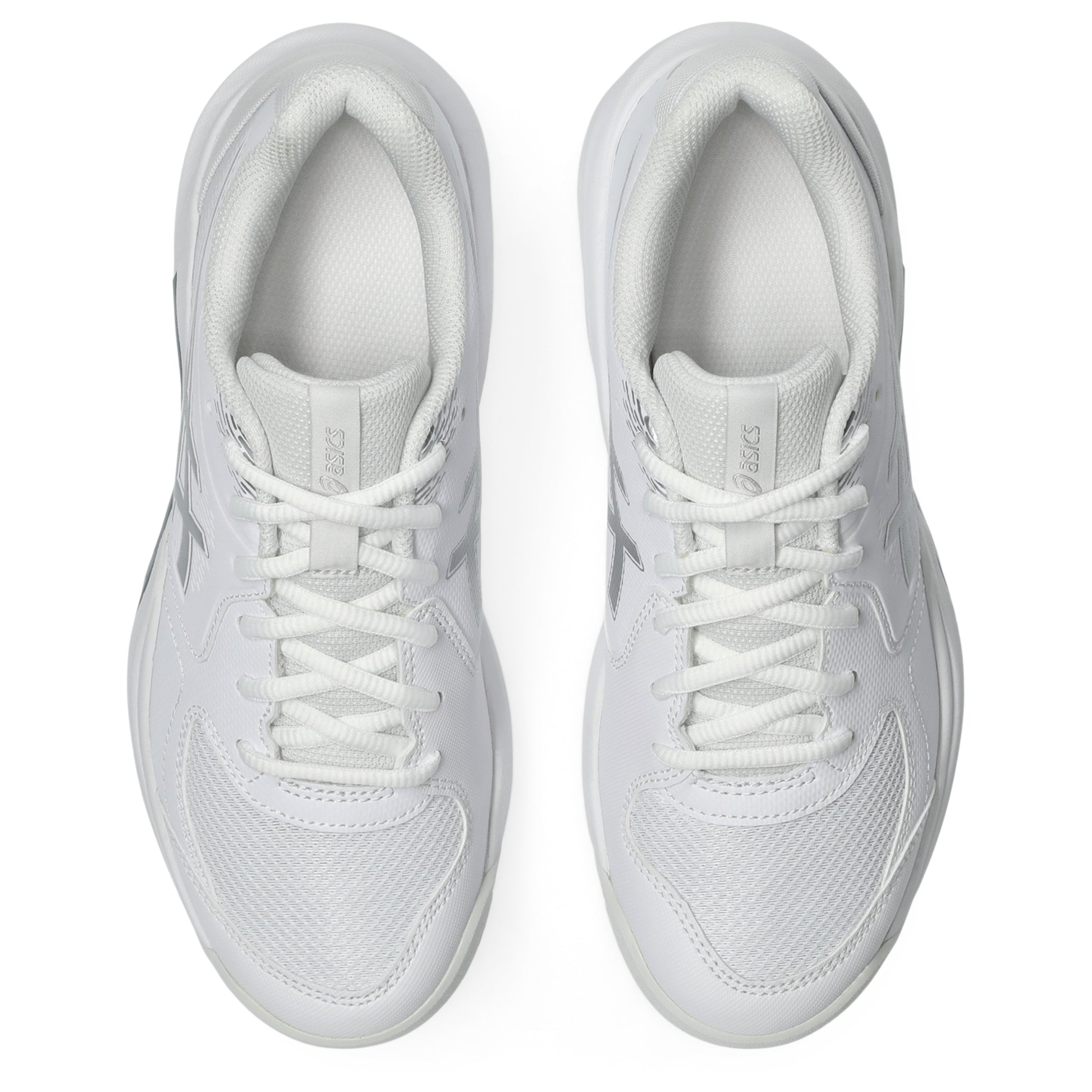 A pair of white tennis shoes shown from a top-down view on a clean white background.