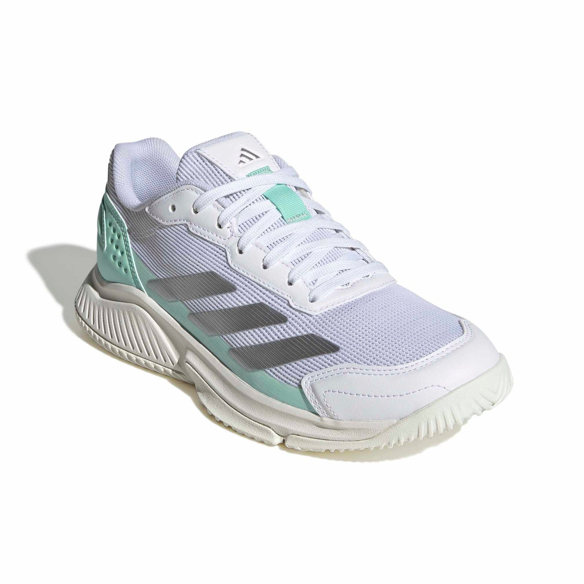 A white Adidas athletic shoe with mint green accents and gray three-stripes, shown from a three-quarters angle on a white background.