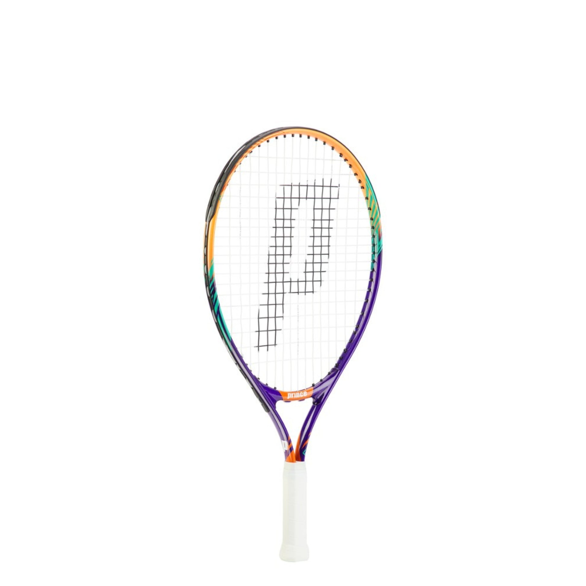 Tennis racket with a colorful frame and white handle on a white background