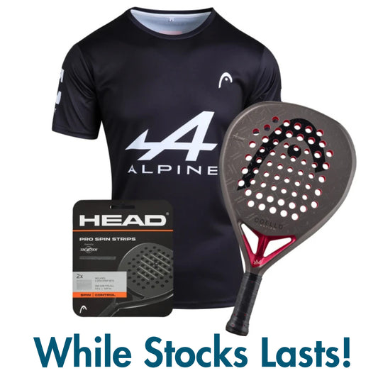 Black athletic shirt with Alpine logo, paddle racket, and Head product packaging on a white background.