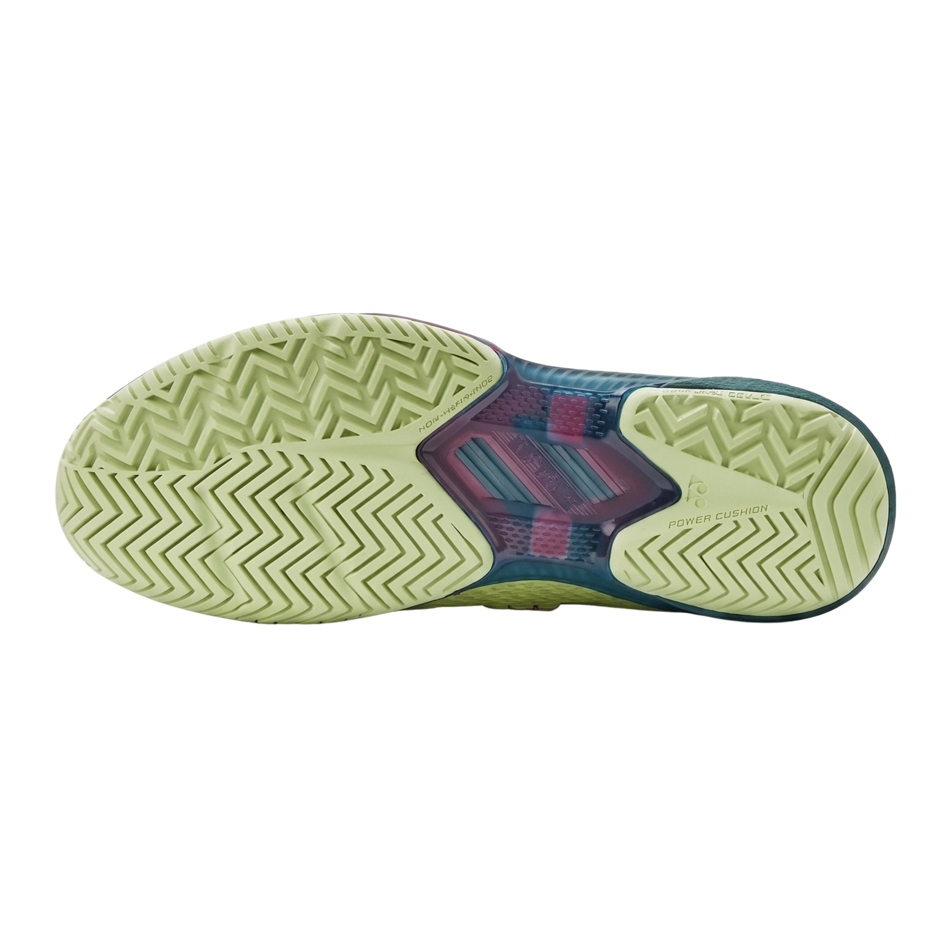Bottom view of a shoe with a textured sole on a white background