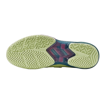 Bottom view of a shoe with a textured sole on a white background