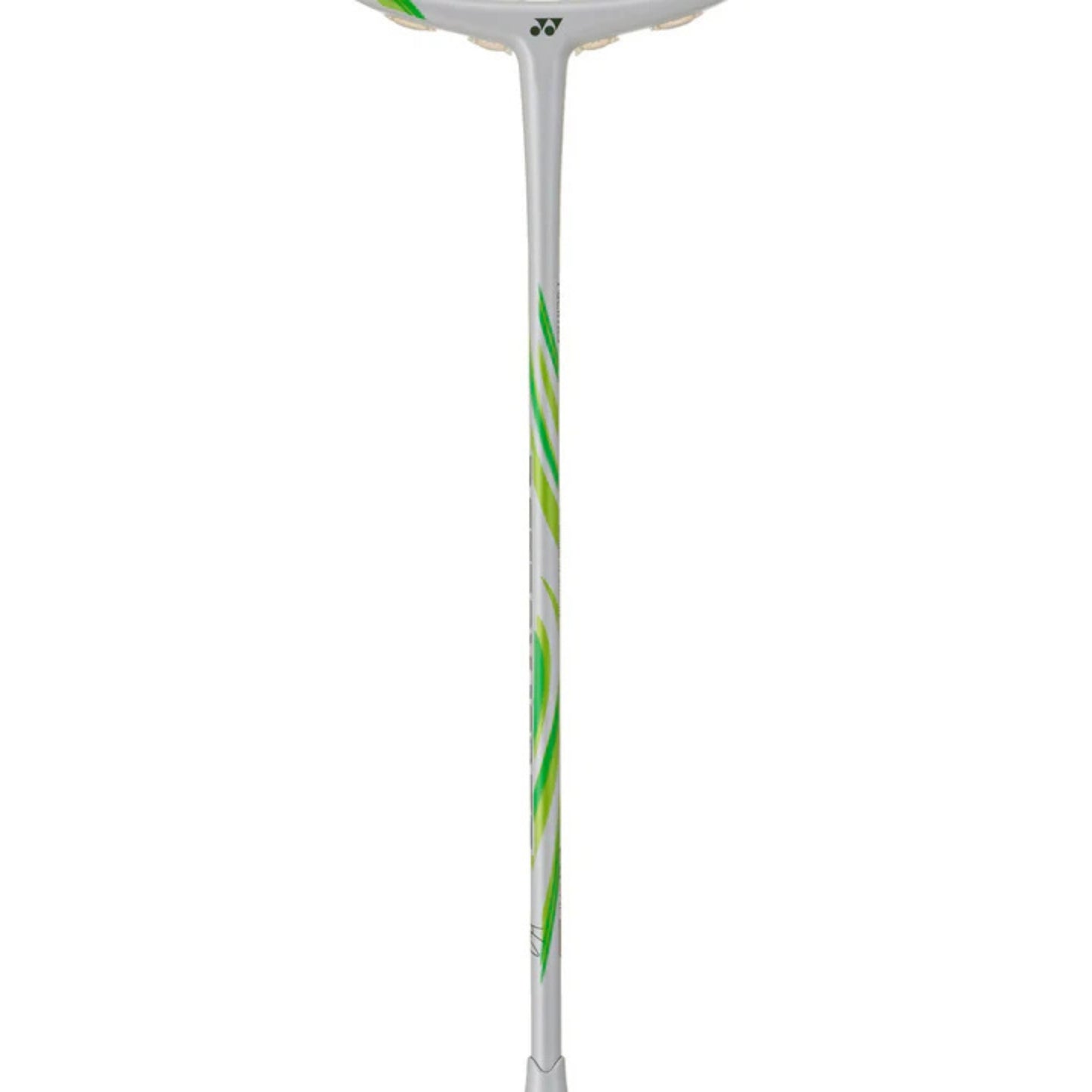 White badminton racket with green and yellow design on a white background