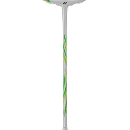 White badminton racket with green and yellow design on a white background