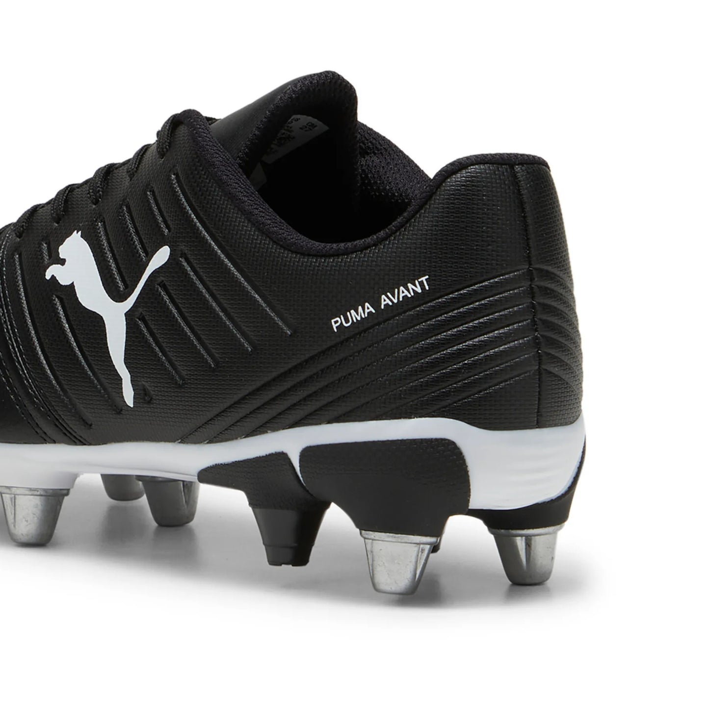 Black rugby boot with white logo on a white background