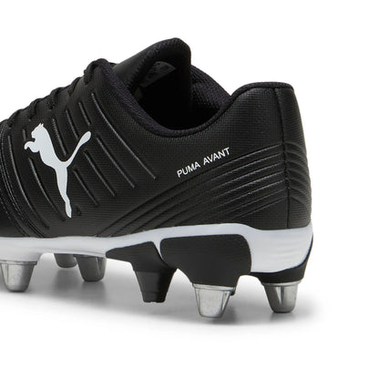 Black rugby boot with white logo on a white background