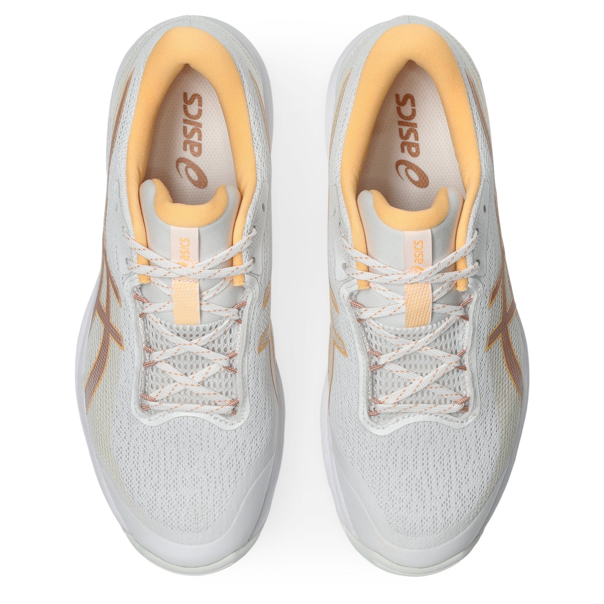 A pair of ASICS netball shoes shown from a top-down view, featuring a white mesh upper with light peach and gold accents, white laces, and a white sole.