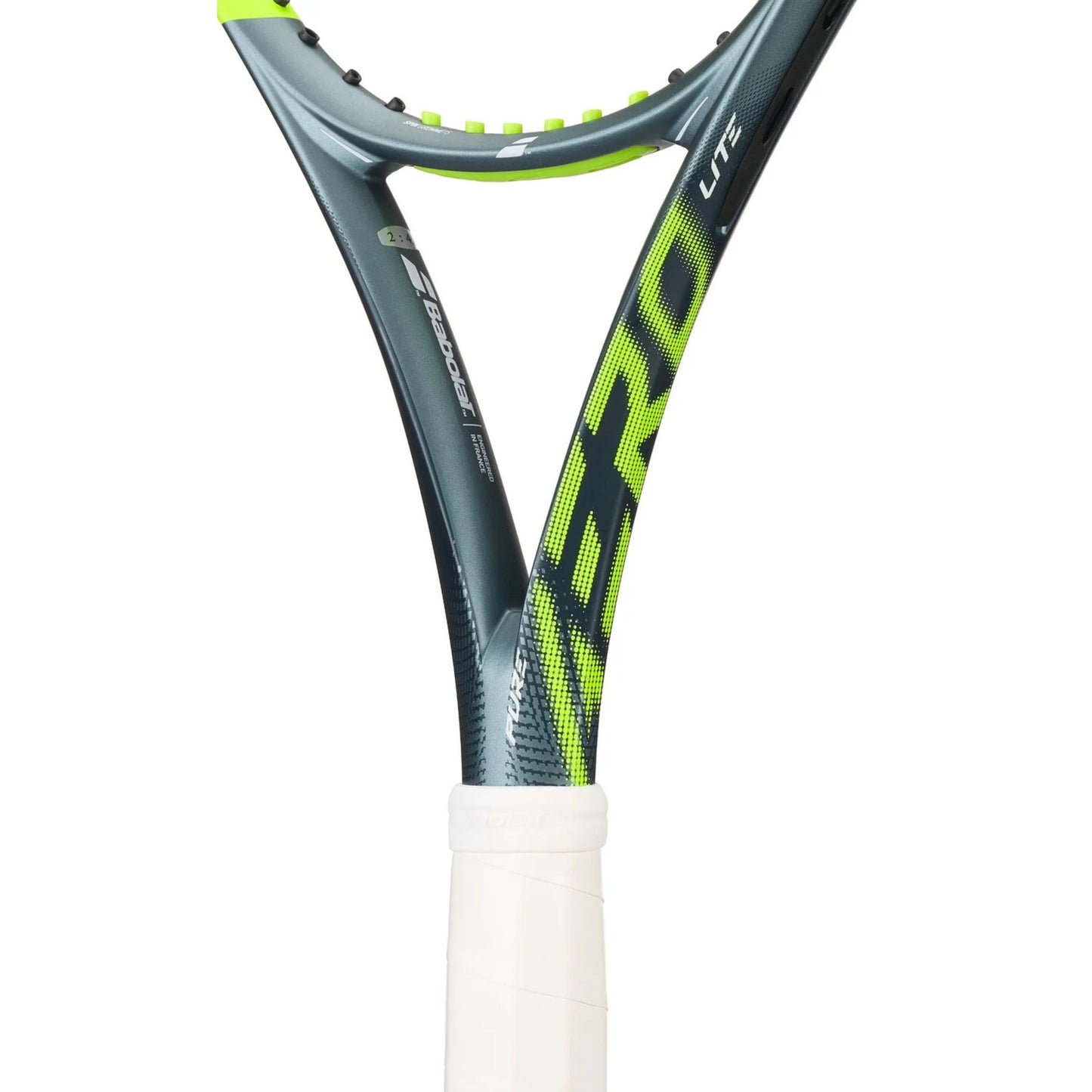 Tennis racket with gray and yellow design on a white background