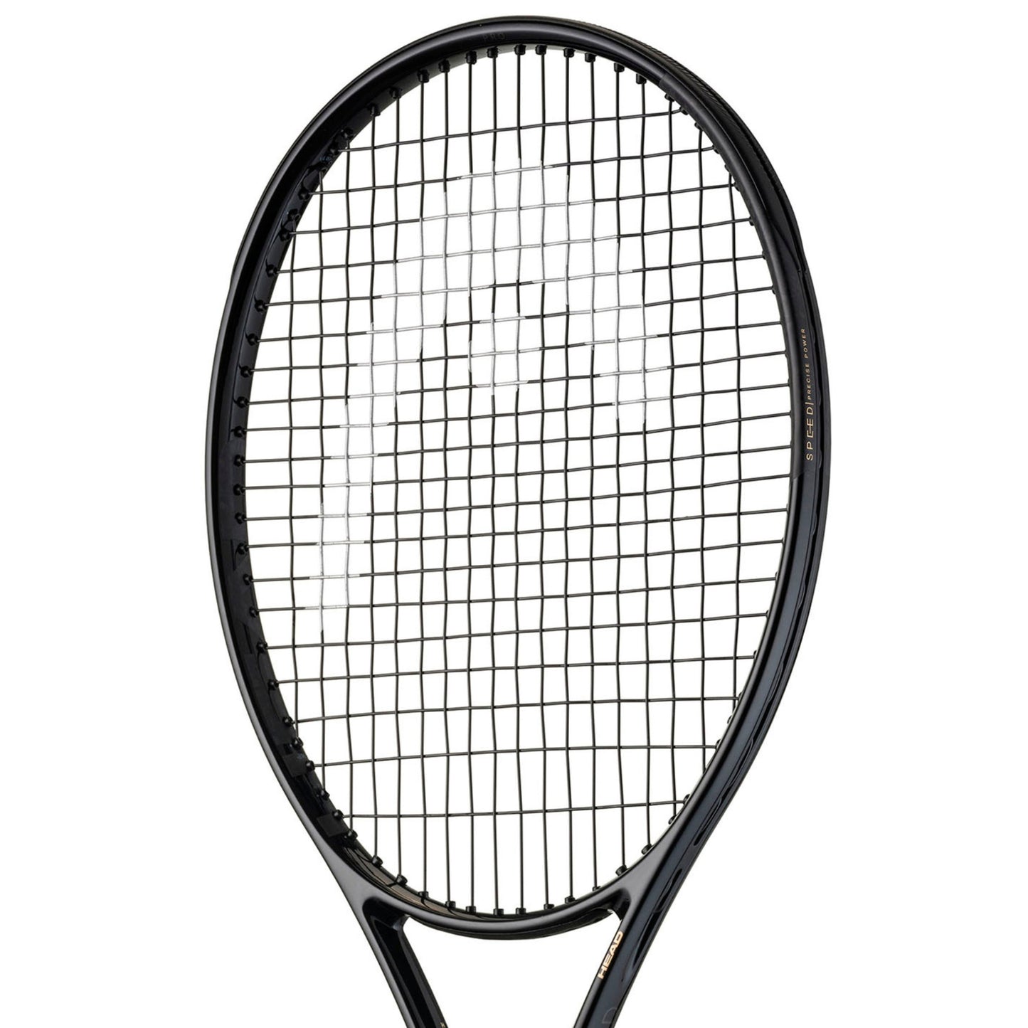 Close-up of a black Head tennis racket with a white background