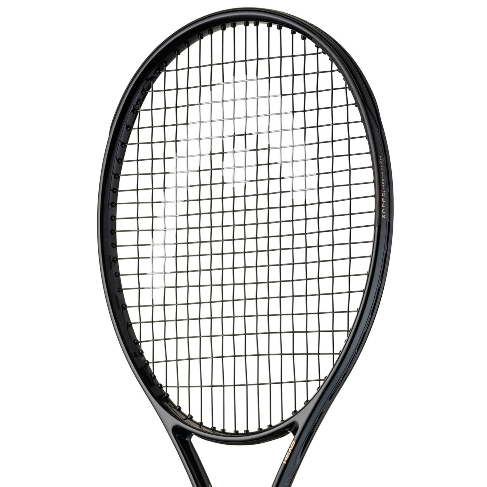 Close-up of a black Head tennis racket with a white background