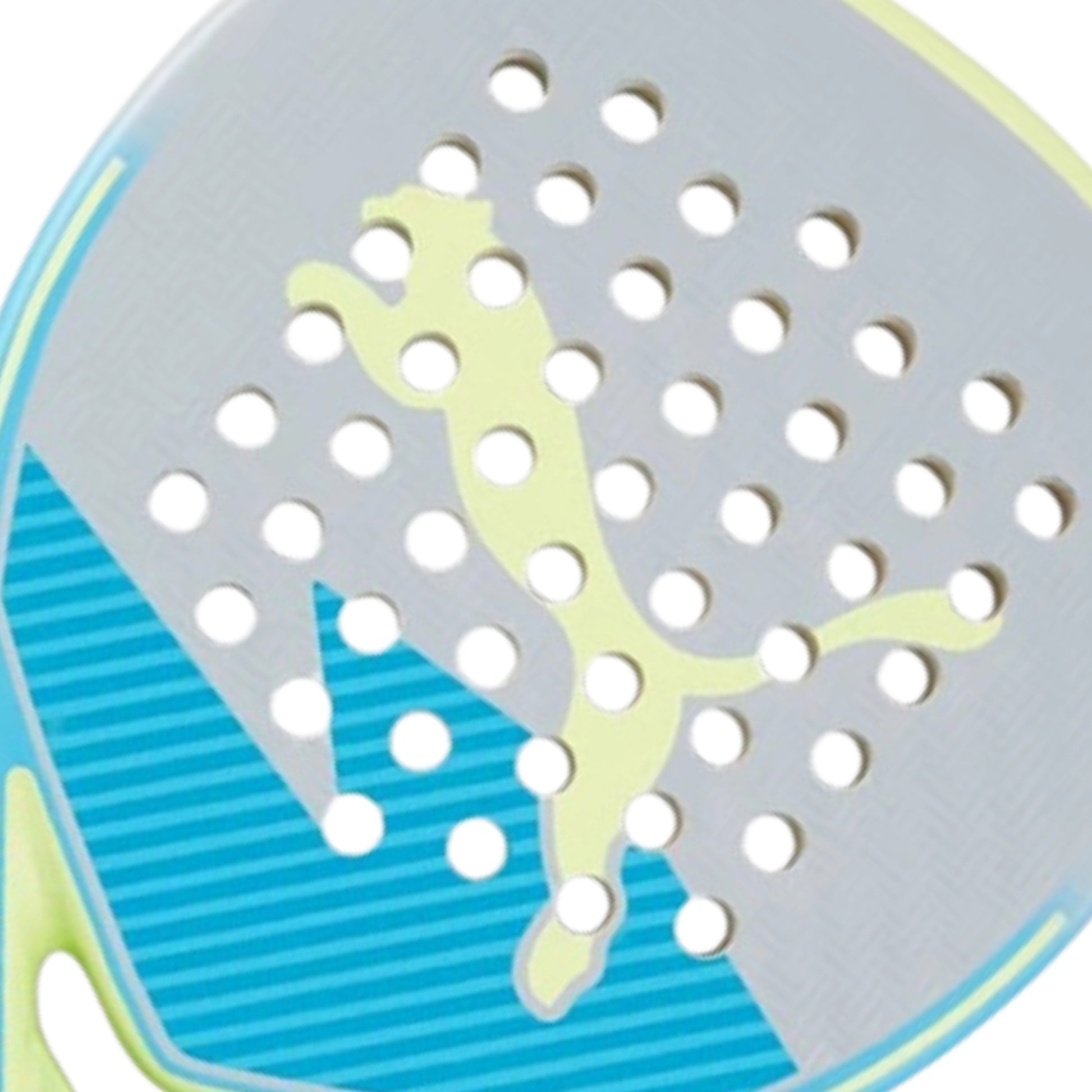 Close-up of Puma padel rackett with a logo on a white background
