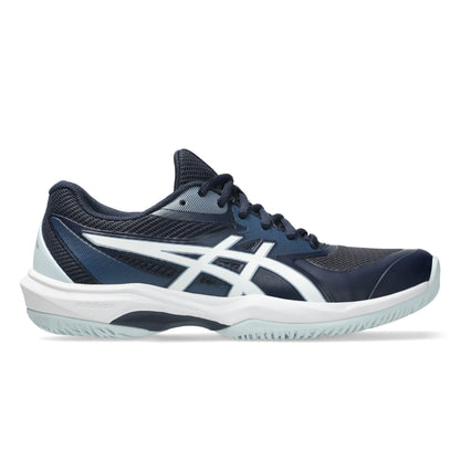 Navy and white Asics tennis shoe on a white background