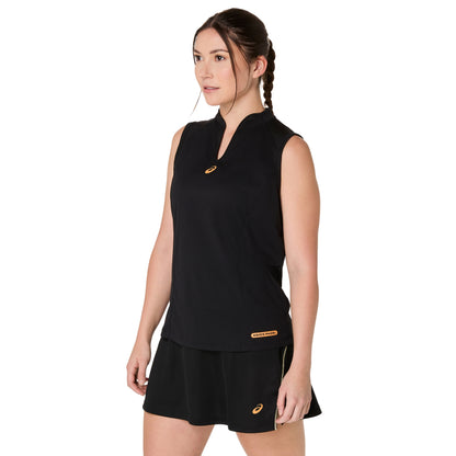 Woman wearing a black tank top and skirt with a brand logo on a white background