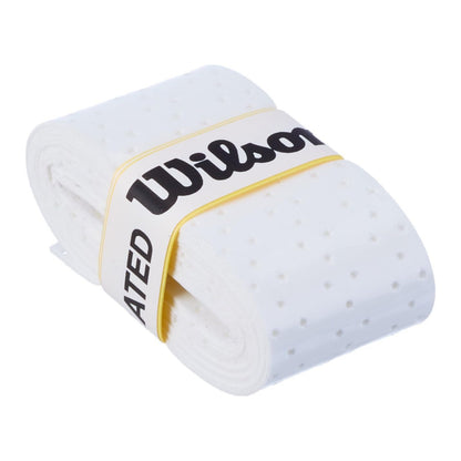 Roll of white tennis racket overgrip with Wilson branding on a white background