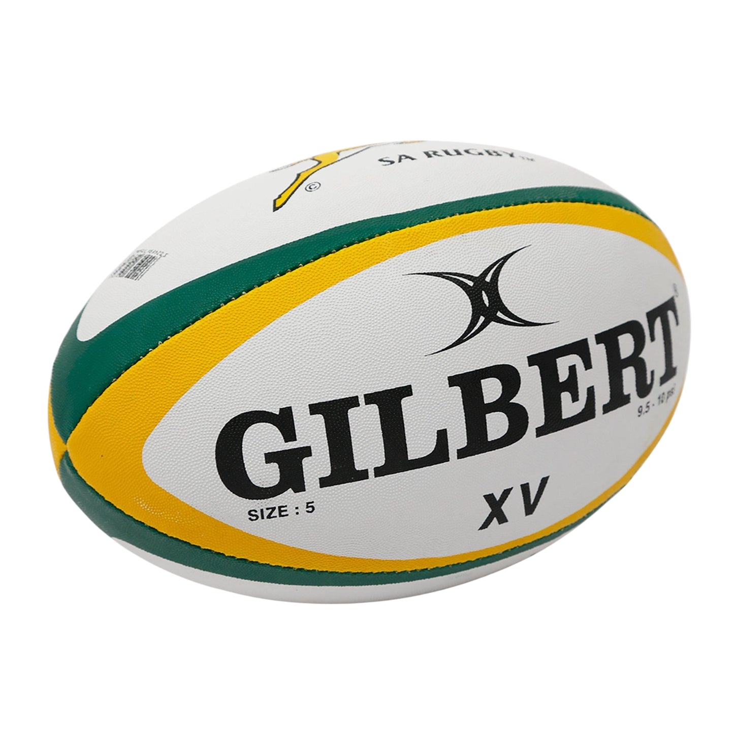 White rugby ball with green and yellow stripes and 'Gilbert' branding on a white background