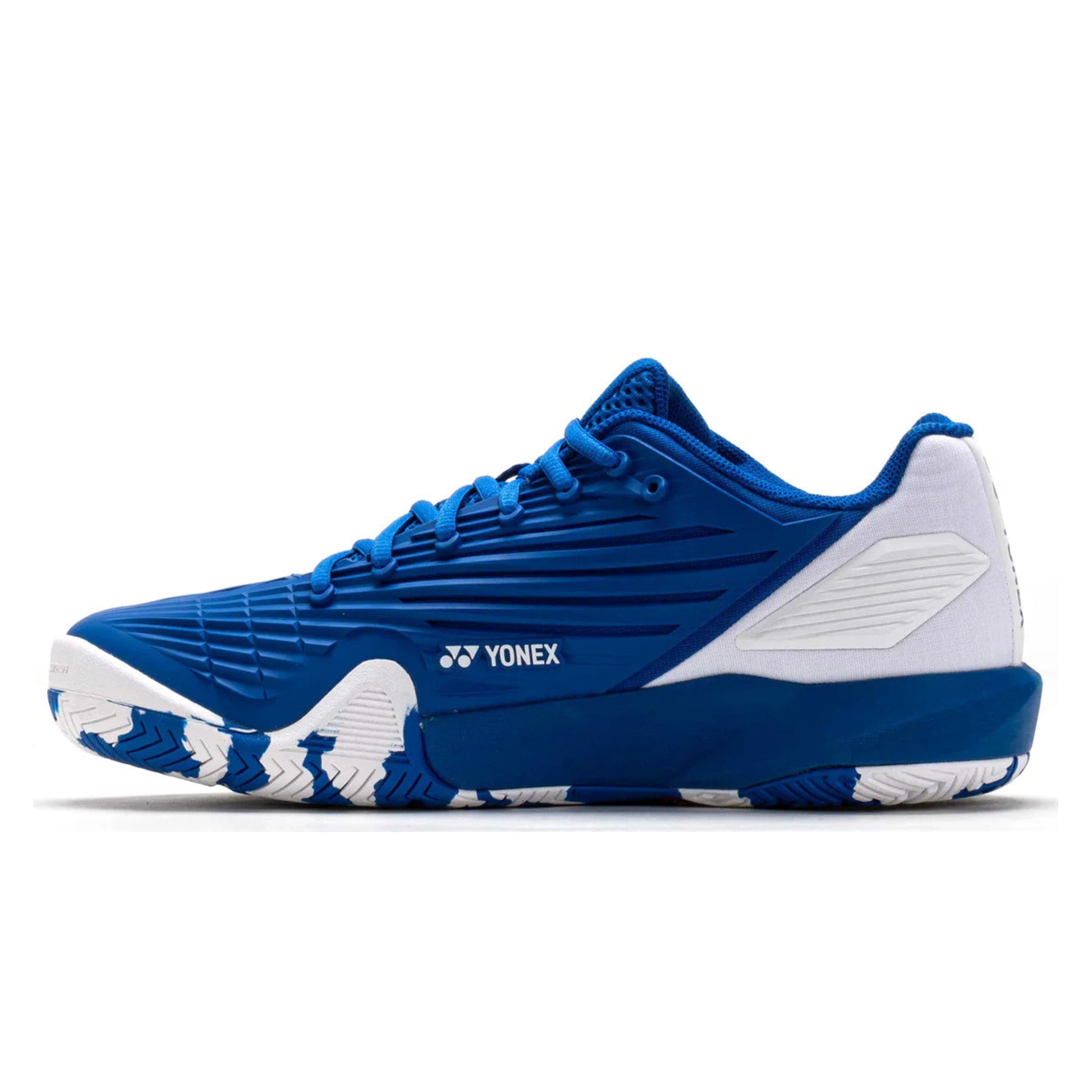 Blue and white tennis shoe with Yonex branding on a white background