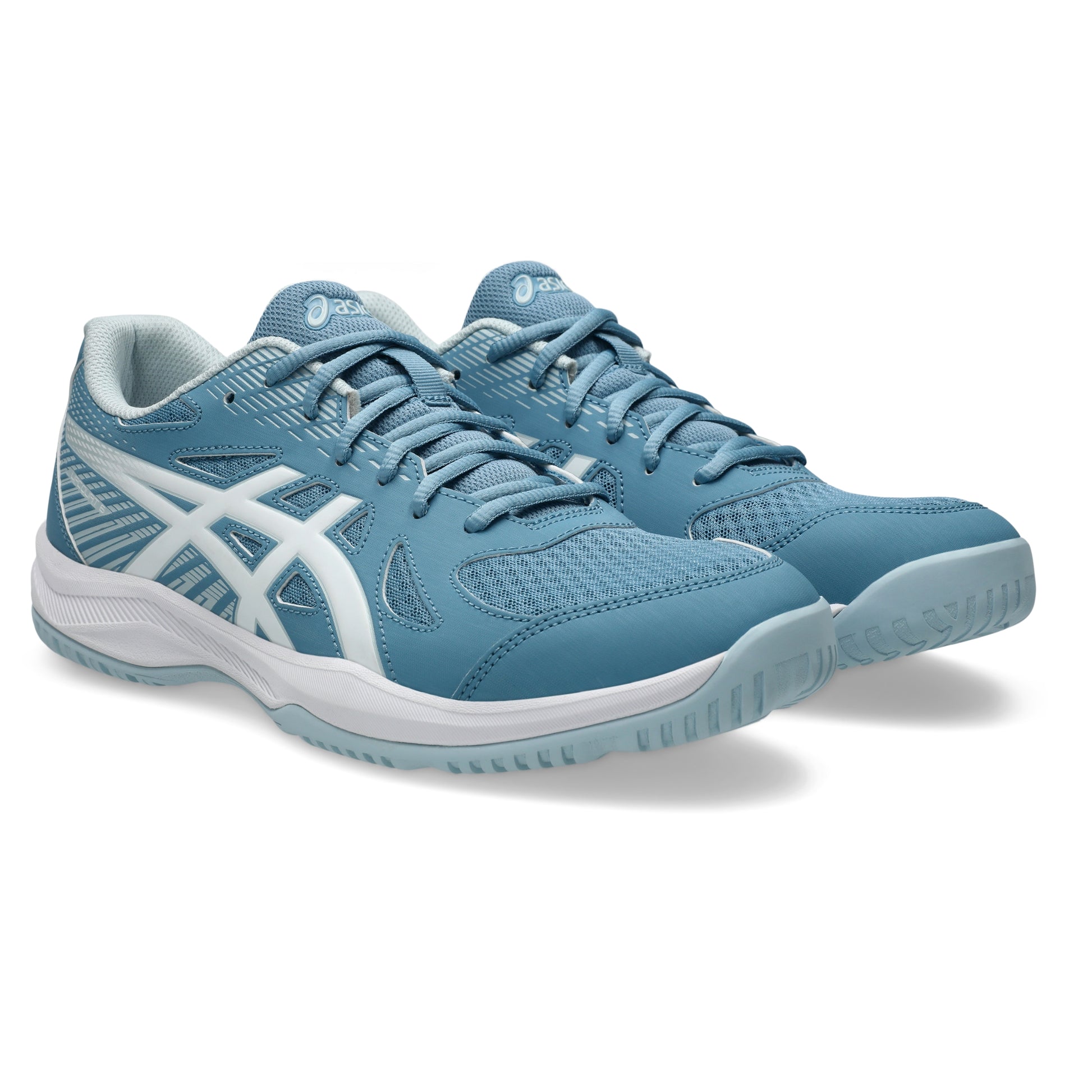 Pair of blue squash shoes with white accents on a white background