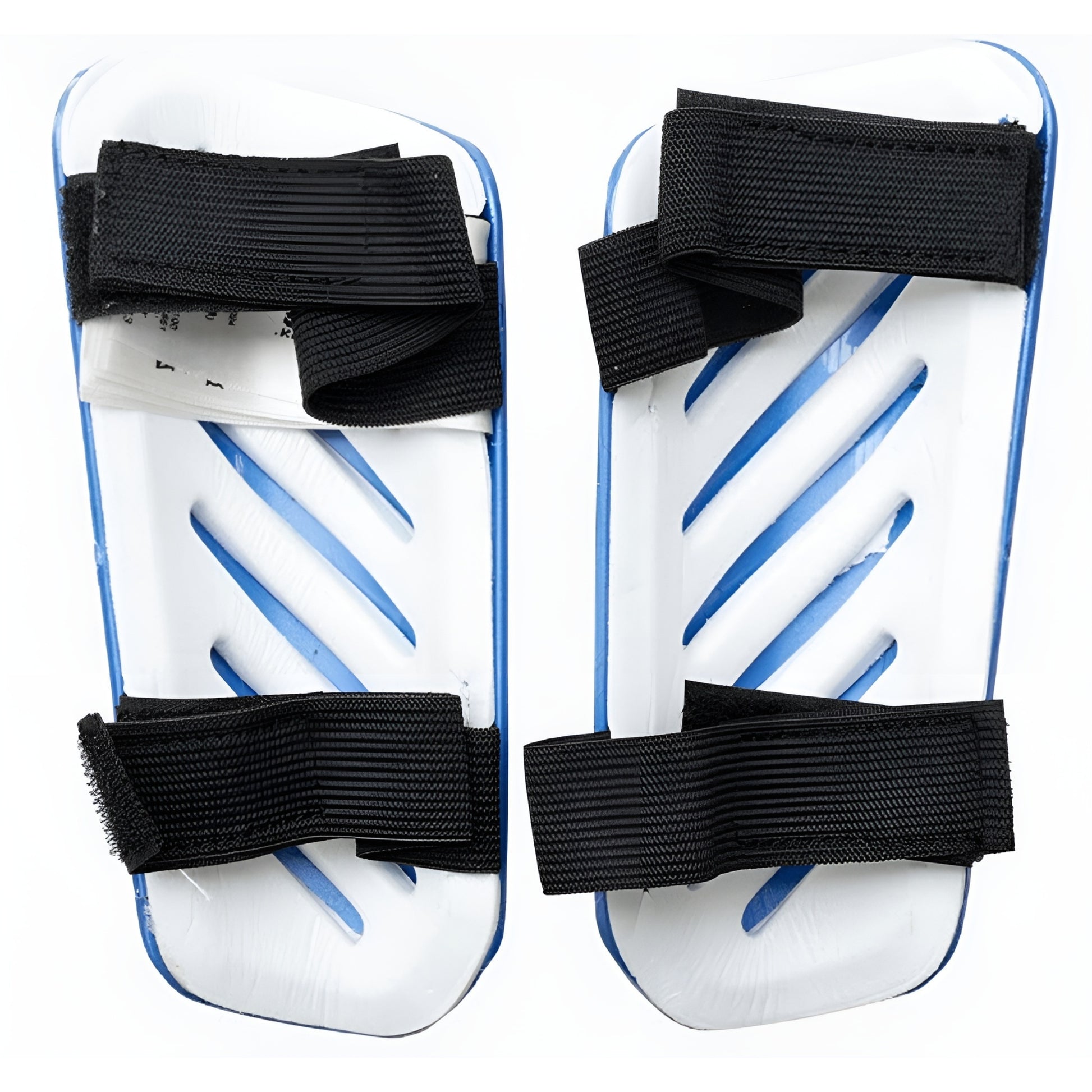Pair of white shin guards with blue stripes and black straps on a white background