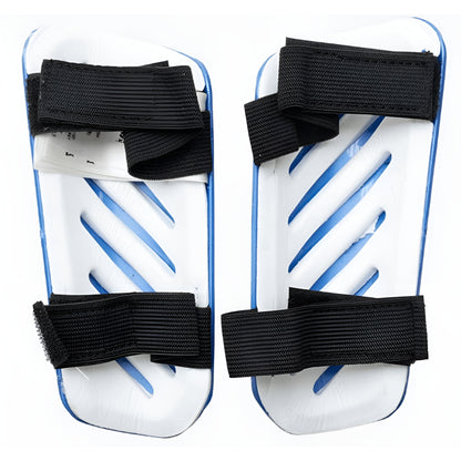 Pair of white shin guards with blue stripes and black straps on a white background