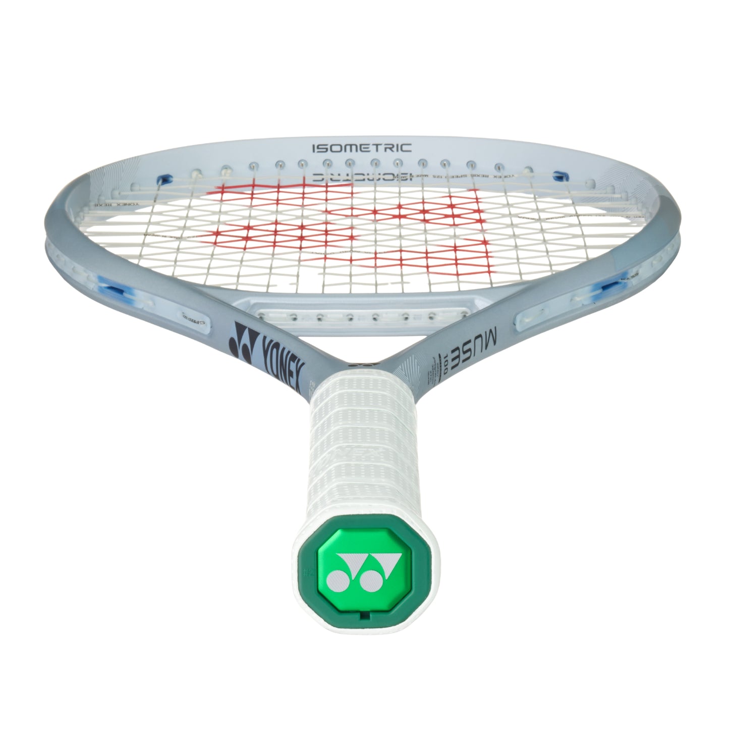 Gray Tennis racket with a white handle and Yonex logo on a white background