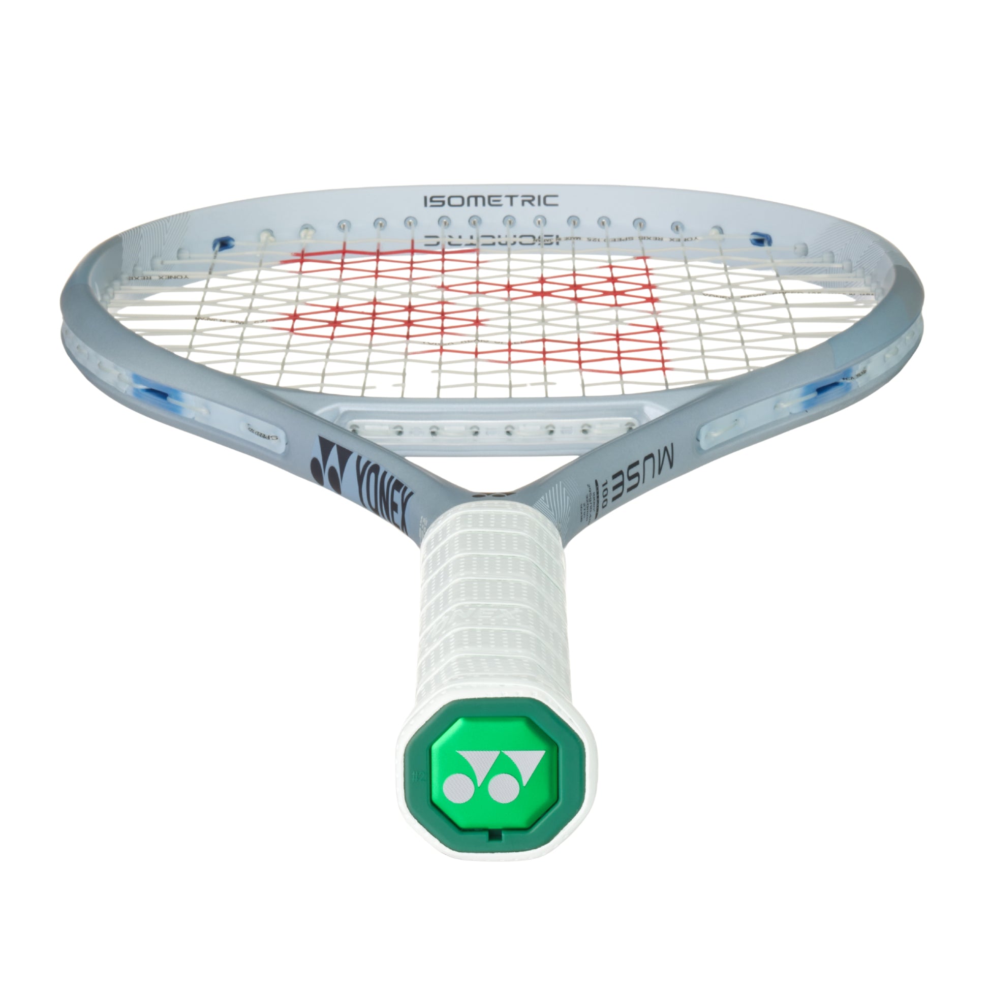 Gray Tennis racket with a white handle and Yonex logo on a white background