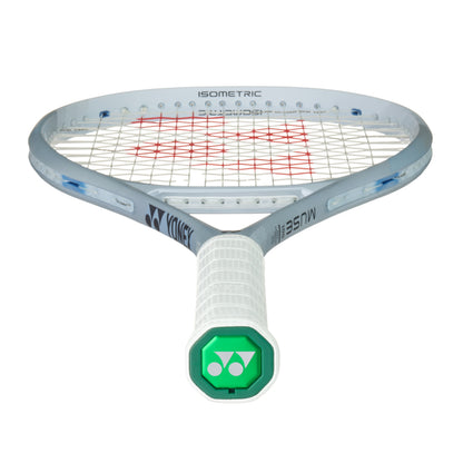 Gray Tennis racket with a white handle and Yonex logo on a white background