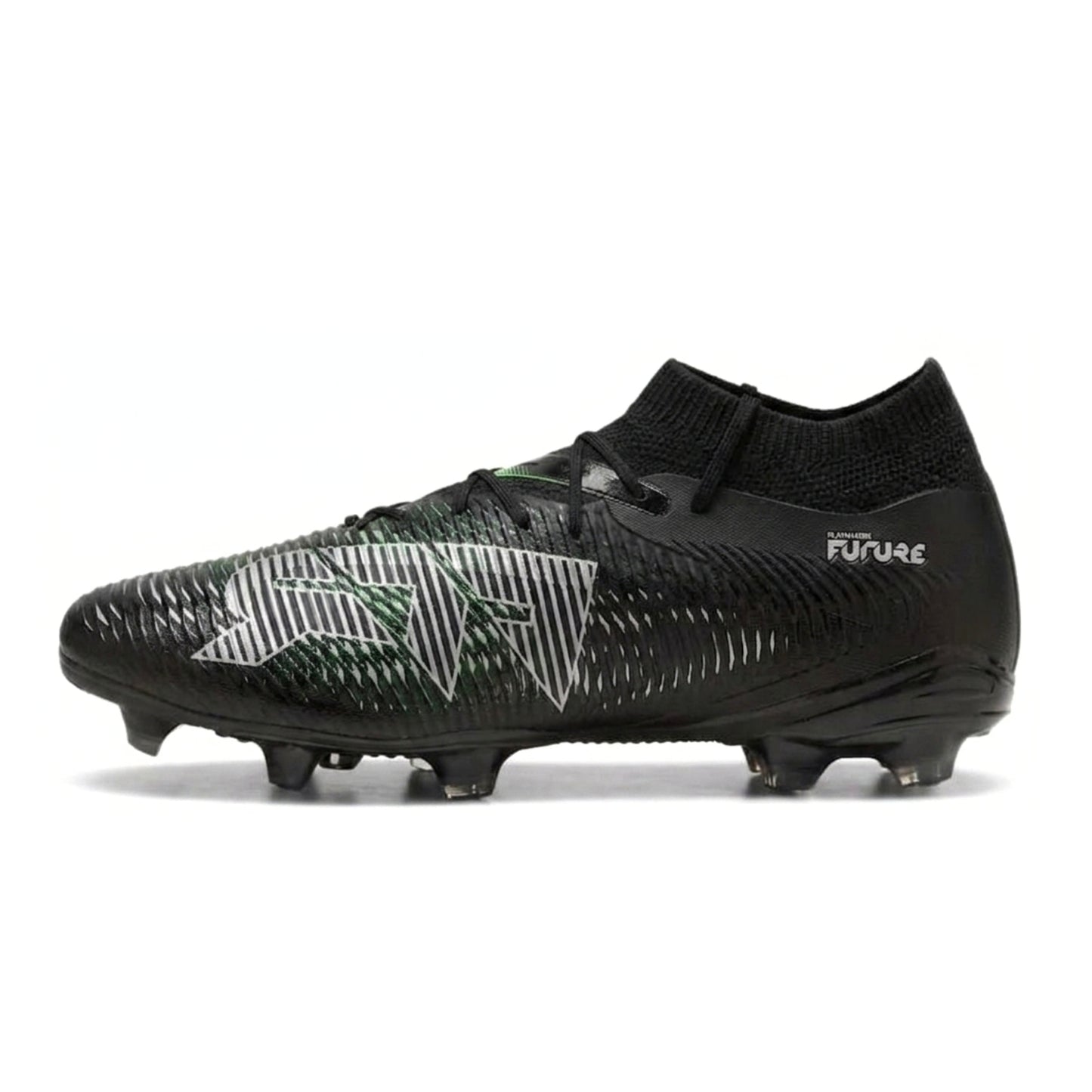 Black soccer Puma boot with Puma logo on a white background