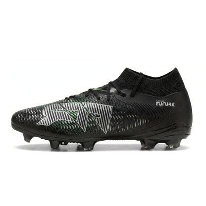 Black soccer Puma boot with Puma logo on a white background