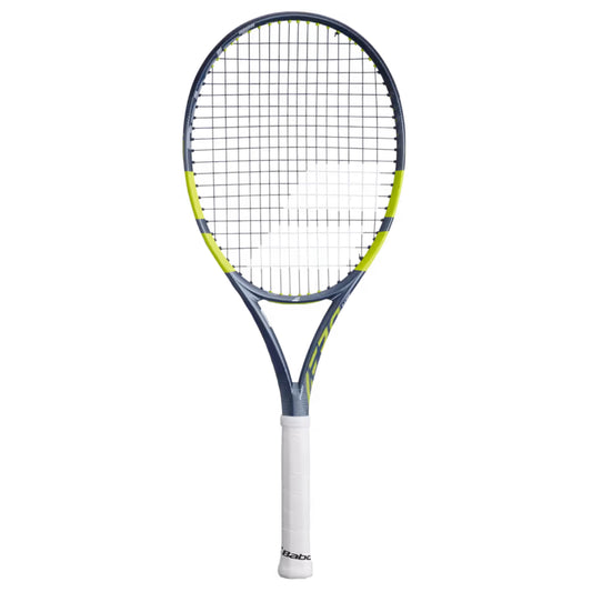 Tennis racket with black and yellow design on a white background