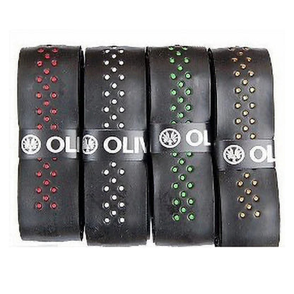 Four black tennis grip bands with different patterns and OL brand logo on a white background